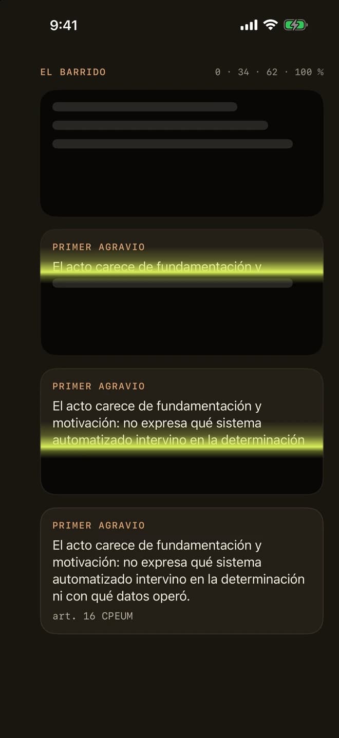 El barrido: tres bloques opacos en distintas fases de revelado, con el haz lima cruzando el texto.
