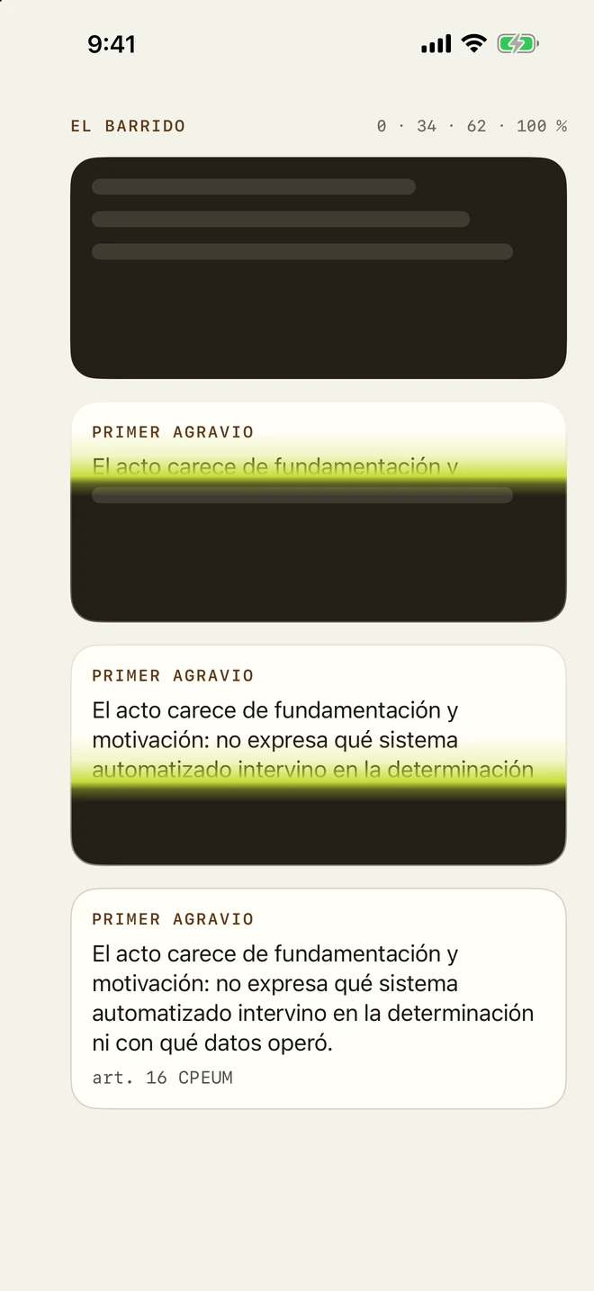 El barrido: tres bloques opacos en distintas fases de revelado, con el haz lima cruzando el texto.